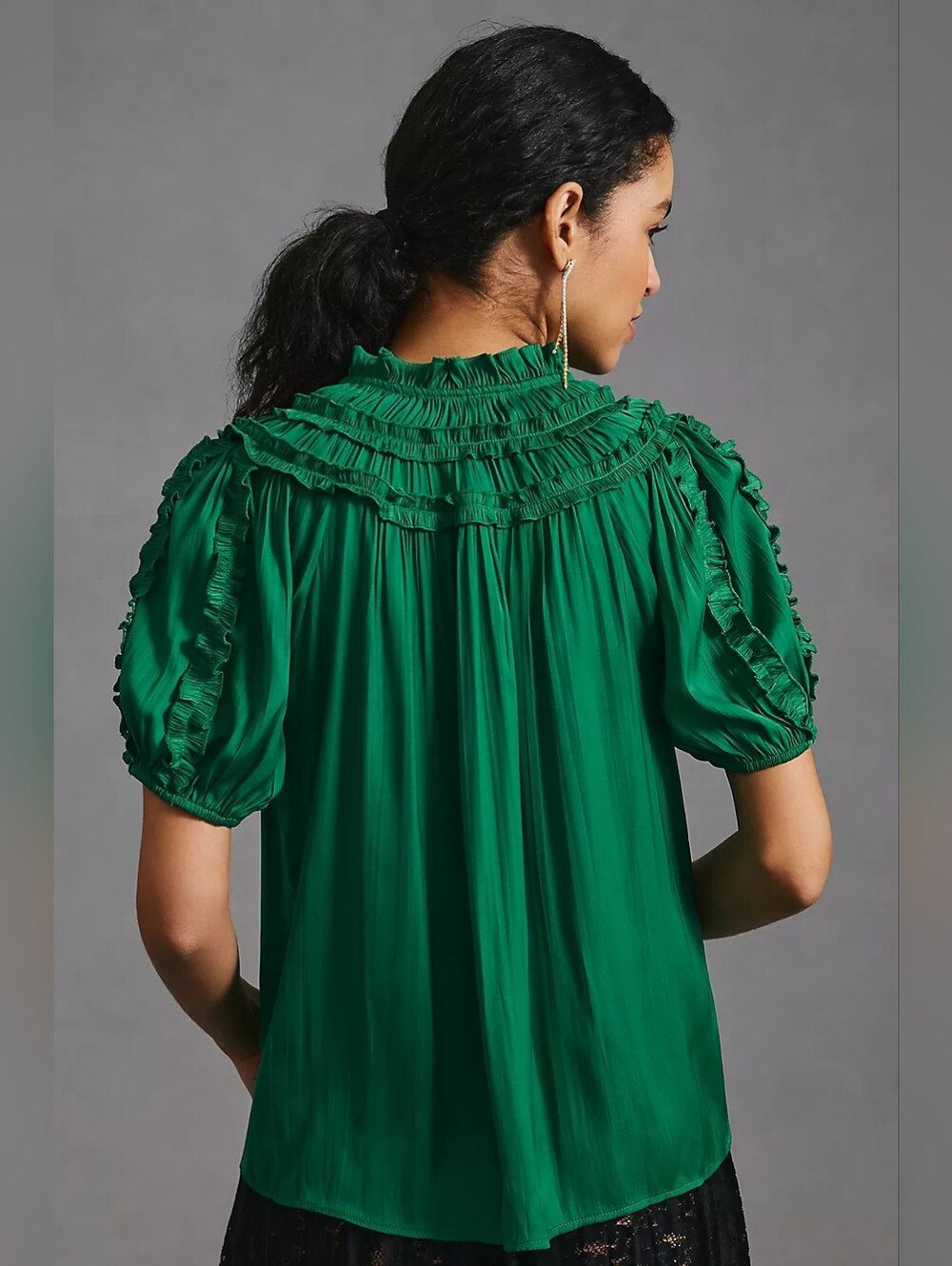 Anthropologie Shirred Peasant Blouse Green Emerald Ruffle Button Front Sz S Boho - Picture 2 of 13